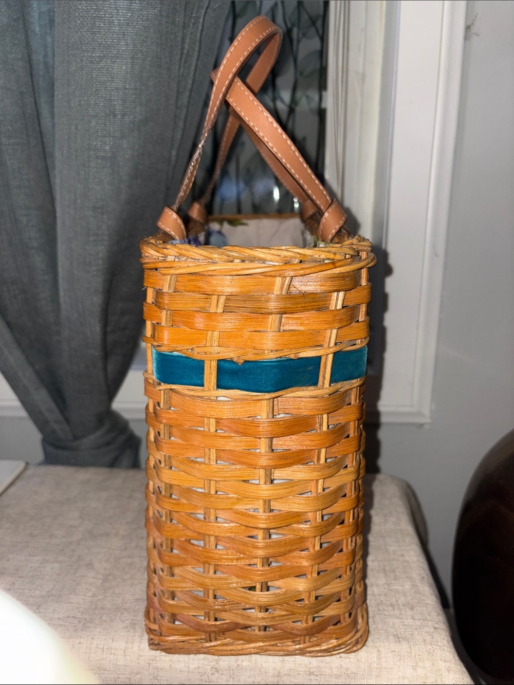 Kate Spade vintage Woven Tote Bag with Teal Accent and Tan Leather Handles - Picture 3 of 12